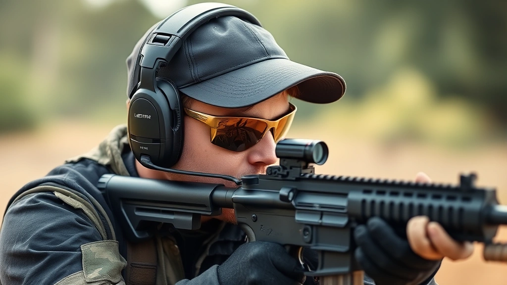 Professional shooter wearing dual-microphone electronic in-ear hearing protection devices during tactical training exercise, showing secure fit and proper microphone positioning
