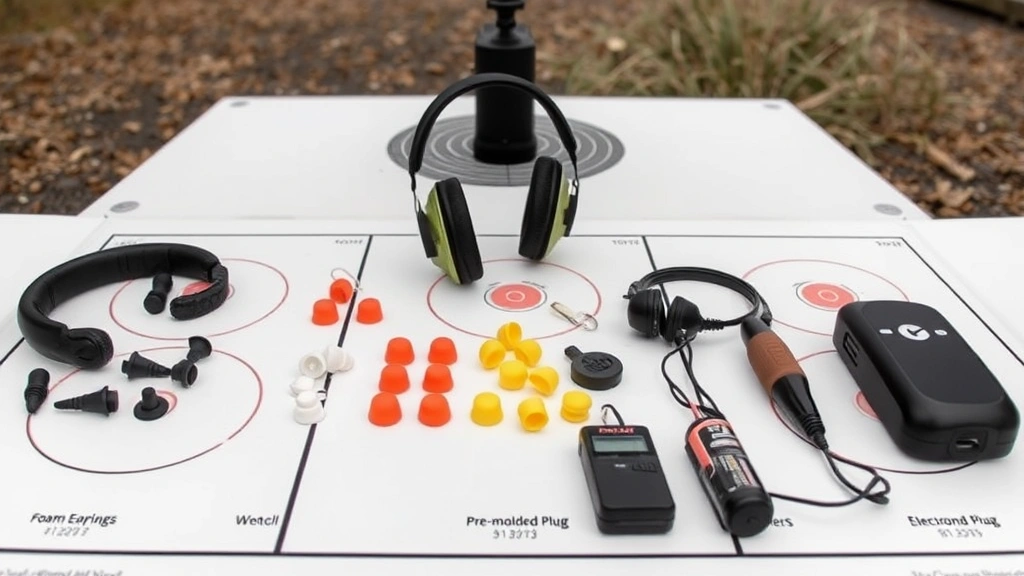 Side-by-side comparison of different hearing protection types laid out on shooting range table including foam earplugs, pre-molded plugs, and electronic devices with batteries
