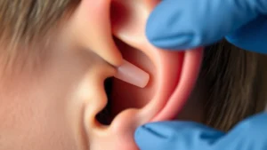 Close-up of foam earplug being inserted into human ear canal, showing proper insertion angle and technique, soft natural lighting, no text or labels visible, realistic skin tones and textures