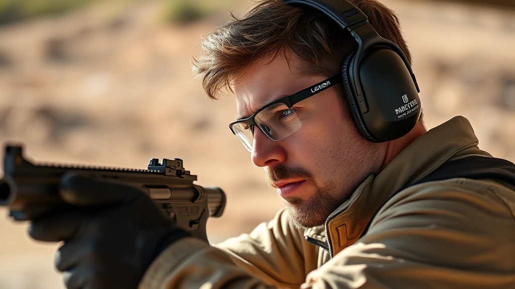 Professional shooter at outdoor range wearing in-ear electronic hearing protection, focused expression, sunlit environment, protective eyewear visible, no visible text on equipment or clothing