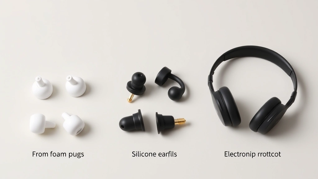 Comparison display of three different earplug types arranged on neutral surface: foam plugs, silicone earpieces, and electronic protector, professional product photography style, clean lighting, no identifying logos or text visible