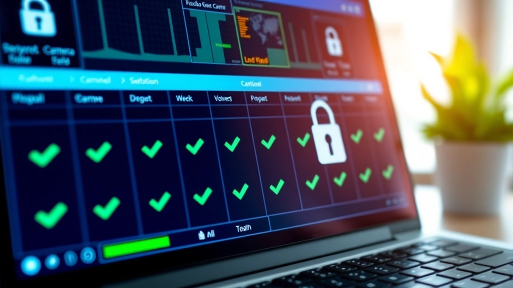 Close-up of secure encrypted camera feed on laptop screen showing locked padlock icon, network security dashboard with green checkmarks, cybersecurity protection visualization, professional monitoring interface, no visible text or code