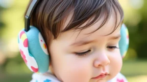 Close-up of a baby wearing soft, padded ear muffs designed for infants, gentle headband adjustment, colorful design, peaceful expression, outdoor setting with natural lighting, focus on comfort and fit