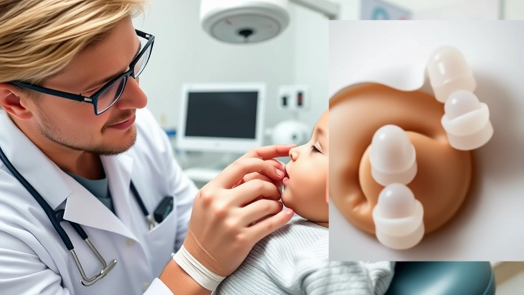 Professional audiologist fitting custom silicone ear plugs on an infant, clinical setting with medical equipment, gentle hands, trust-building interaction, detailed view of molding process