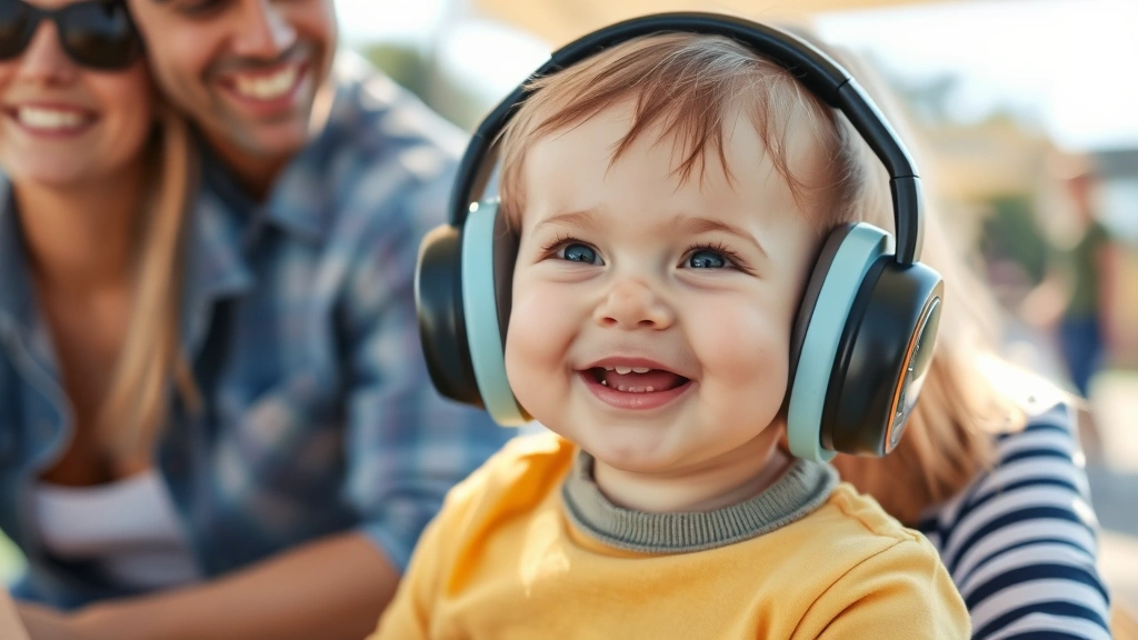 Infant happily wearing protective ear muffs at a family outdoor event, sunny day, parents nearby, protective yet normal childhood activity, comfortable and secure appearance