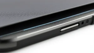 Close-up of layered protective iPhone case materials showing metallic mesh shielding and conductive fibers in cross-section, professional product photography with neutral background