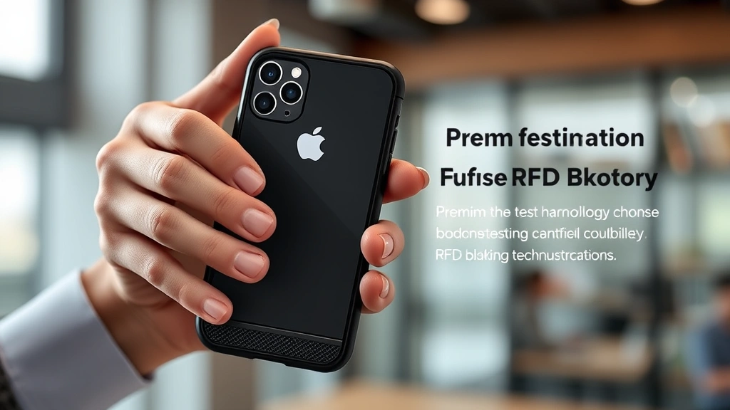 Person holding iPhone with premium protective case featuring RFID blocking technology, hands visible showing case texture and quality construction, modern office environment