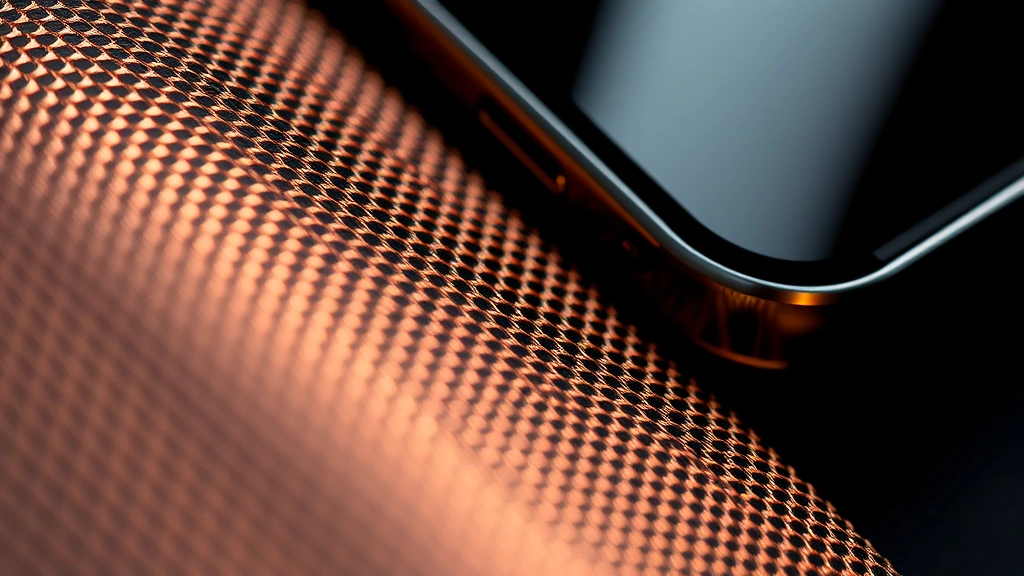 Detailed macro photography of electromagnetic shielding material used in iPhone cases, showing copper mesh weave pattern and conductive fabric composition, professional lighting