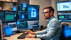 A professional cybersecurity expert at a desk surrounded by multiple monitors displaying security dashboards, firewalls, and threat detection systems, with blue digital security indicators and lock icons floating in the air
