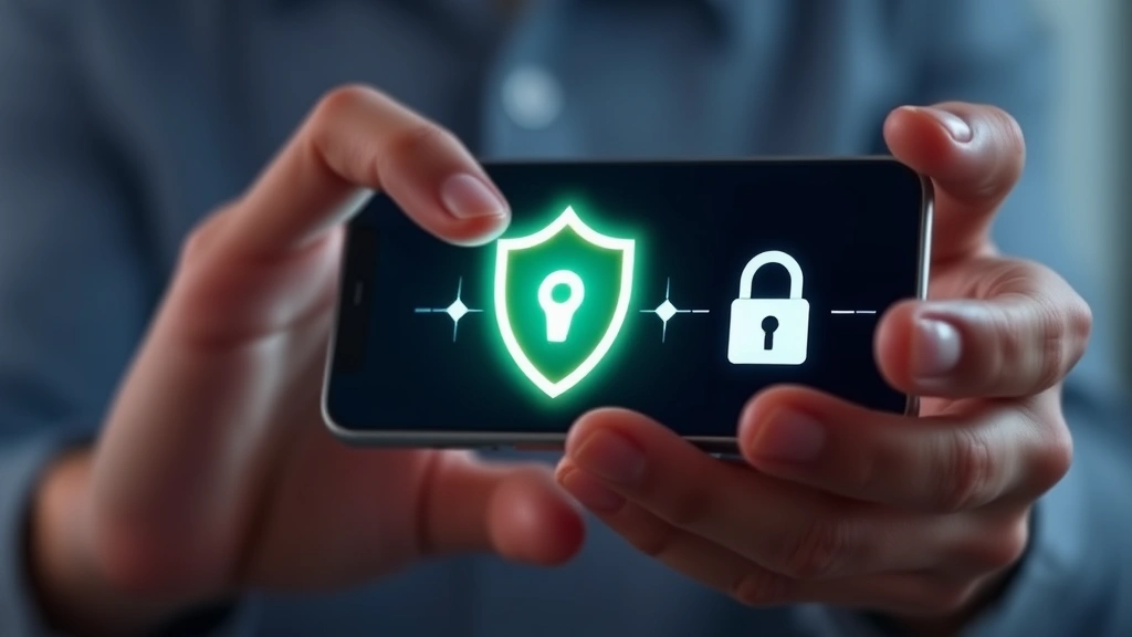A person using a smartphone with a glowing shield icon and padlock symbols representing secure two-factor authentication and data protection layers