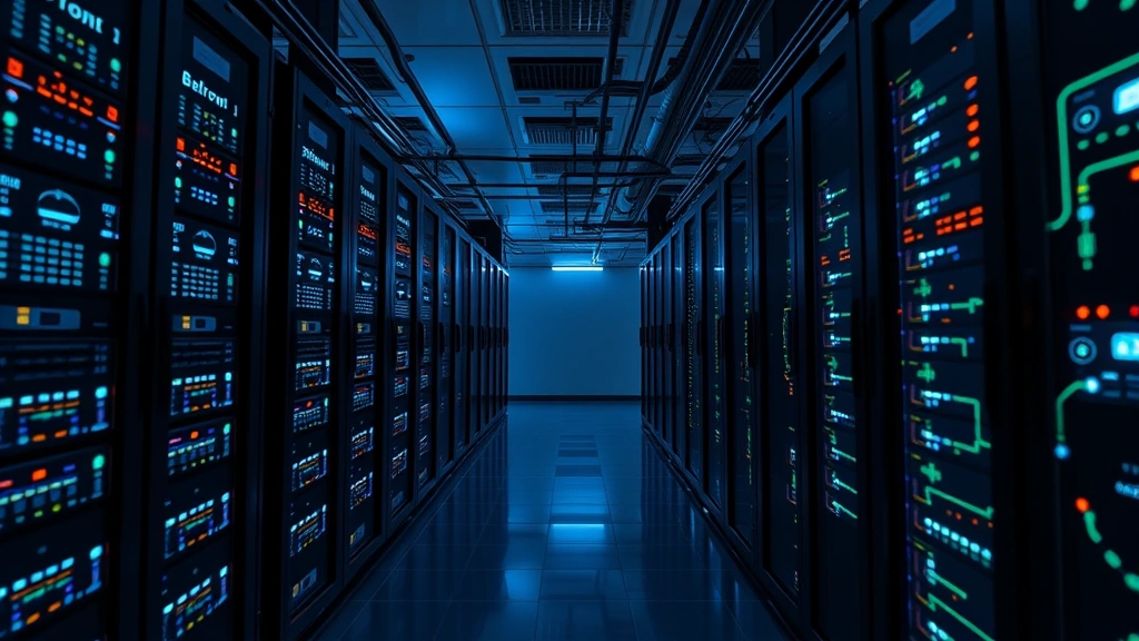 A server room with rows of secure backup storage systems, glowing data centers, and encrypted data streams flowing through secure networks with visible security protocols