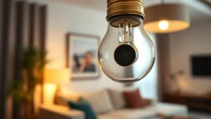 Close-up of a sophisticated WiFi-enabled light bulb camera screwed into a brass fixture, showing the lens and sensor, with soft warm lighting creating shadows, modern living room background slightly blurred, photorealistic