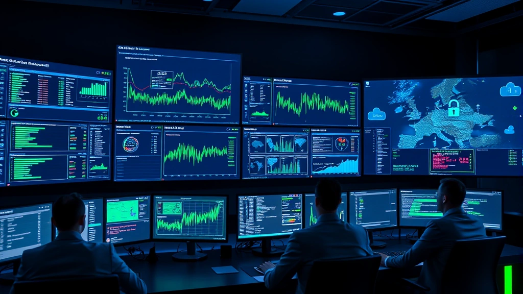 Professional cybersecurity operations center with multiple monitors displaying network traffic analysis, threat dashboards, and security alerts in dark blue and neon green colors, team members in business attire monitoring security systems, modern office environment with advanced technology displays