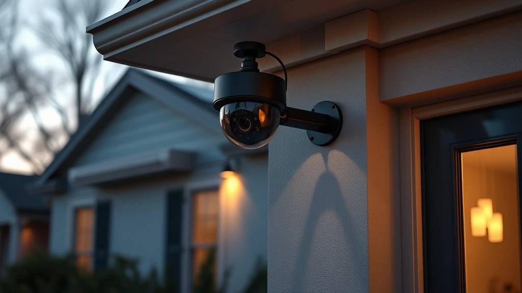 Professional security camera mounted on residential home exterior wall at dusk, sleek black turret design, weatherproof casing, mounted under eave, soft evening lighting, photorealistic detail