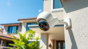Professional weatherproof security camera mounted on modern residential home exterior wall, showing wide-angle lens and metal housing in daylight, no visible text or branding