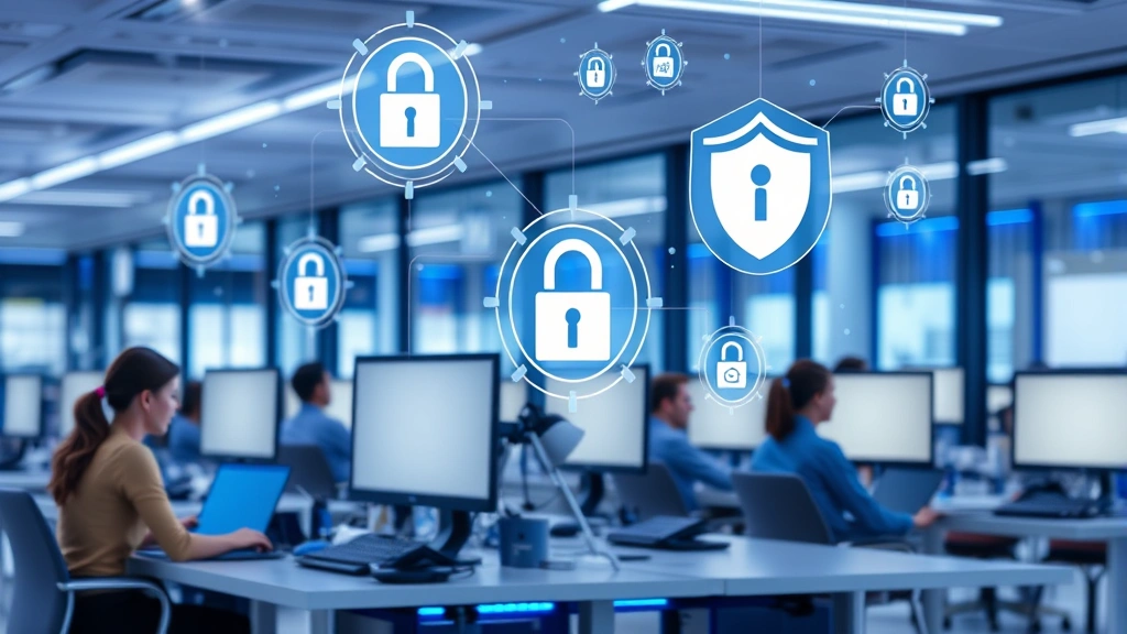 Corporate office with people working at computers showing digital security icons floating above laptops, padlock symbols and shield graphics, modern workspace with blue lighting