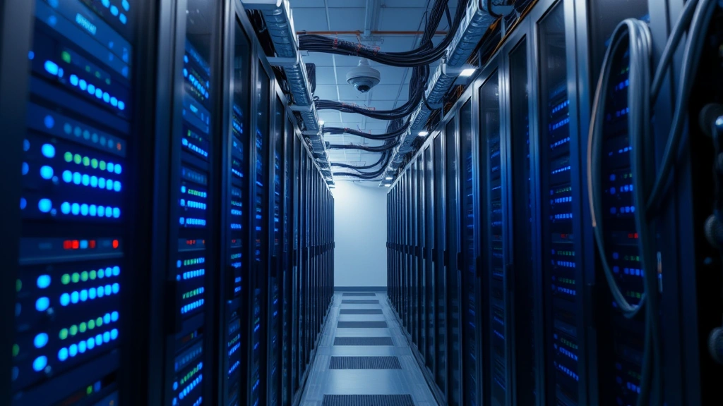 Data center server room with rows of equipment, blue LED indicators and network cables, security camera visible, representing enterprise infrastructure protection