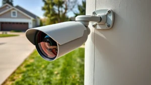 Professional outdoor security camera mounted on residential corner, weathered by elements, capturing driveway and lawn area in daylight, photorealistic detail showing lens clarity and mounting hardware