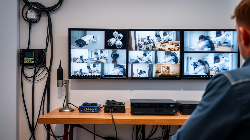 Modern home security system control panel displaying camera feeds on digital screens, network cables and router equipment, professional installation environment with organized wiring