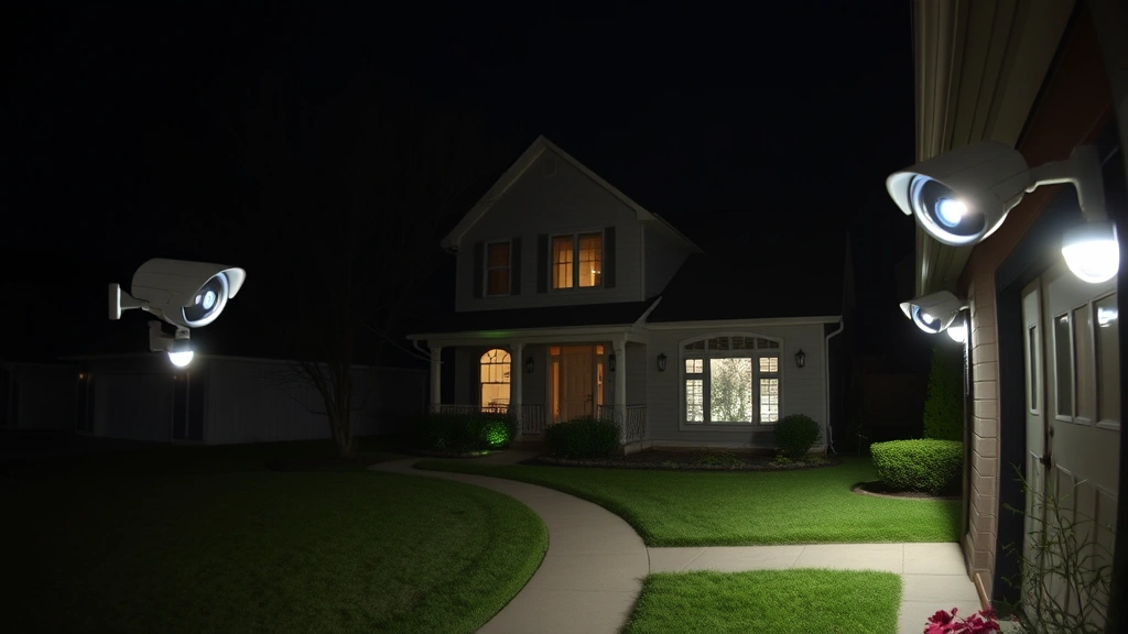 Nighttime residential exterior showing multiple security cameras with infrared illumination active, perimeter coverage of house and grounds, realistic night vision perspective without visible text or alerts