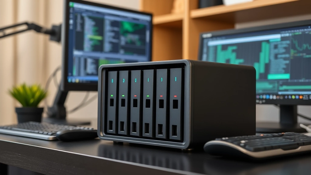 Network Attached Storage device with multiple hard drives, sleek black design, LED indicators, sitting on desk near computer setup, home office environment, professional cybersecurity workspace