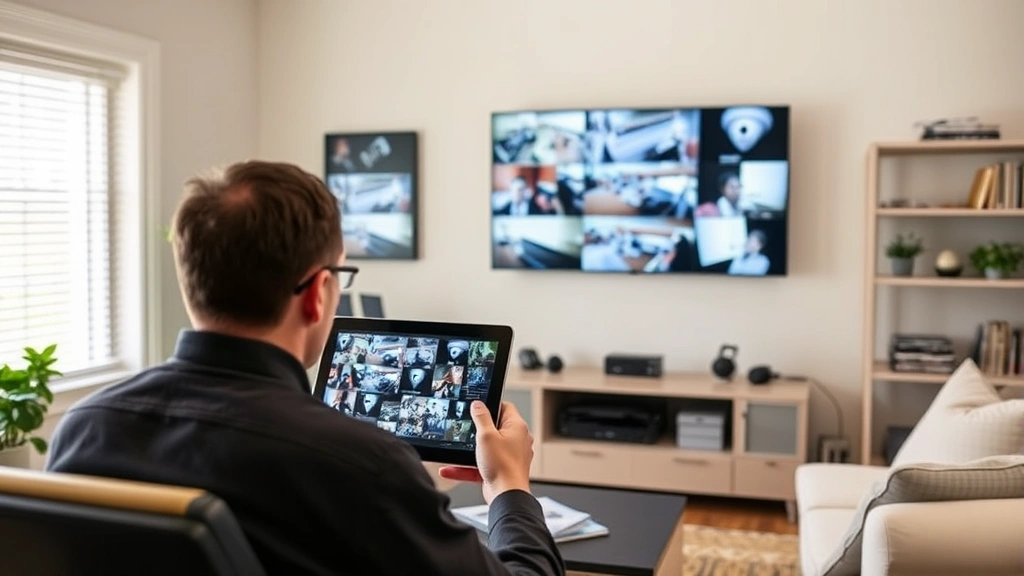Person reviewing security footage on tablet device in home office, multiple camera feeds displayed on wall monitor, organized home security control center setup, professional monitoring environment
