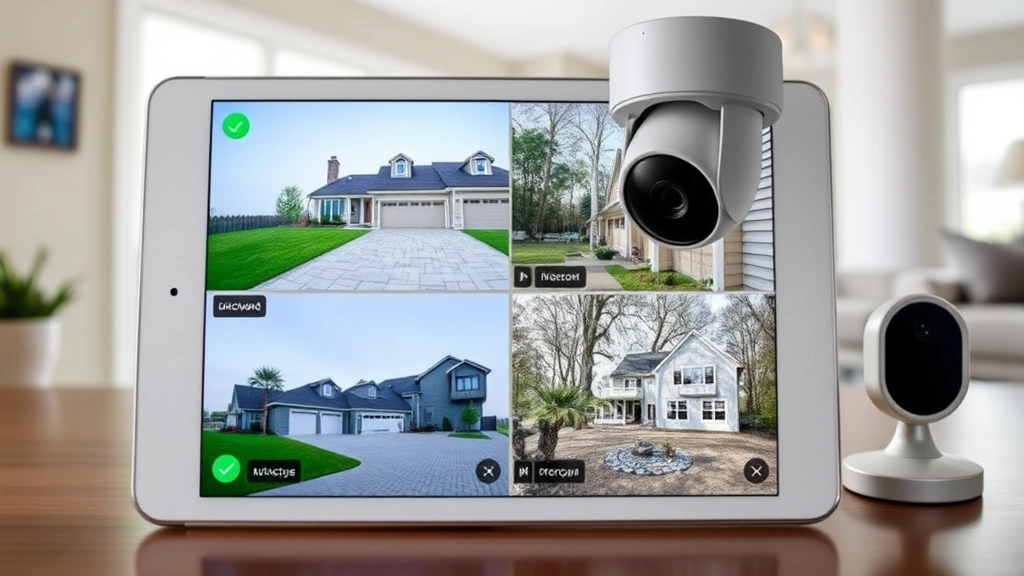 Modern home security setup displaying multiple camera feeds on tablet screen showing different property angles including driveway and backyard, green checkmark indicators showing active monitoring