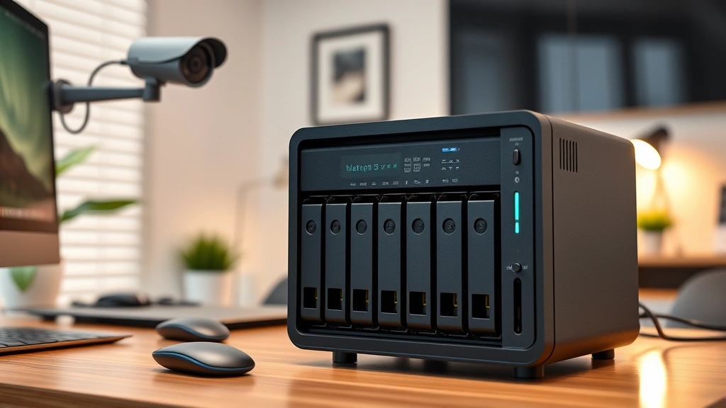 Network-attached storage NAS device with multiple hard drive bays in home office environment, connected to security camera system, professional yet residential aesthetic, soft lighting