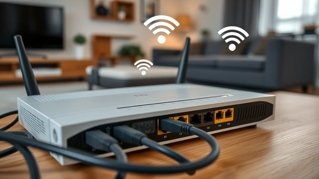Network router with ethernet cables and WiFi signal indicators, showing secure home network setup with segregated device connections, modern living room setting, clean professional appearance, no terminal windows or code