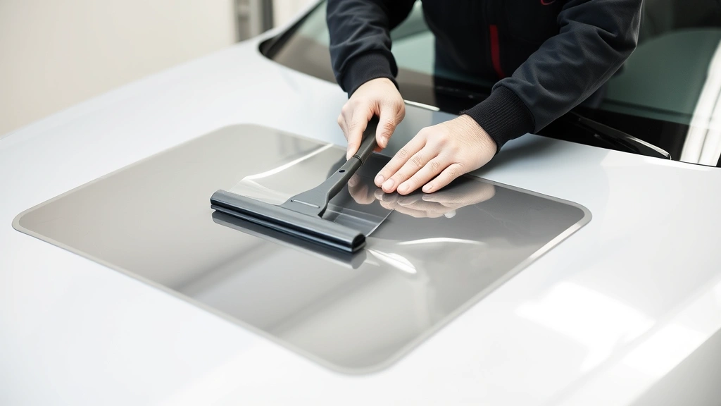Professional technician carefully applying transparent protective film to vehicle hood using squeegee tool, hands working on car surface, precision installation work, indoor garage setting