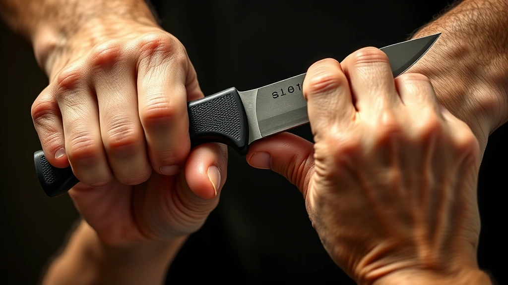 Hands demonstrating secure knife grip on ergonomic handle with textured surface, showing proper finger placement and control positioning, realistic lighting, no faces visible