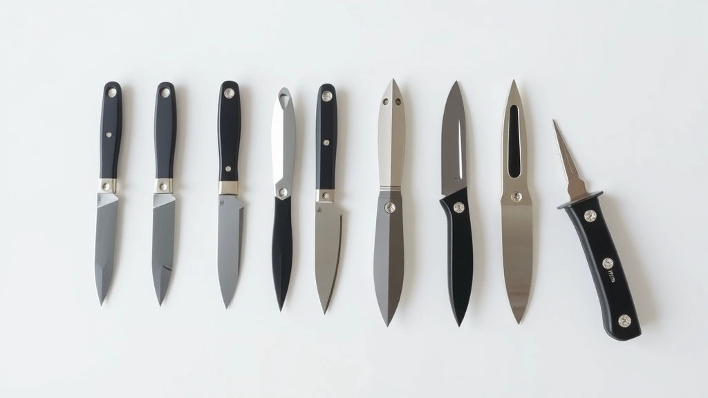 Array of different knife blade point designs displayed side by side including drop point, tanto, spear point, and clip point, professional product lighting, clean white background
