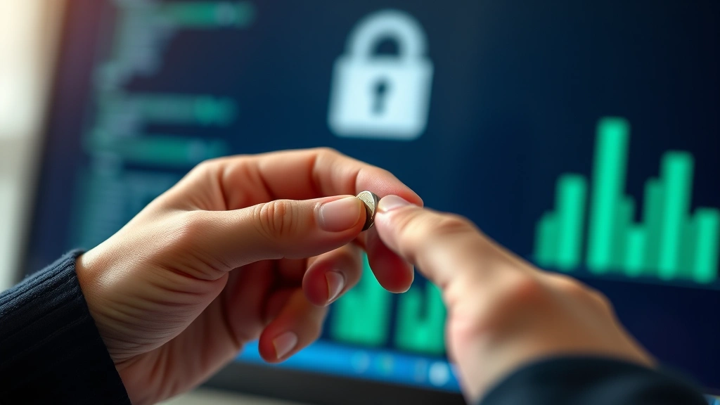 Close-up of hands holding a small hardware security key with a computer interface blurred in background, representing multi-factor authentication and secure access control, modern minimalist aesthetic