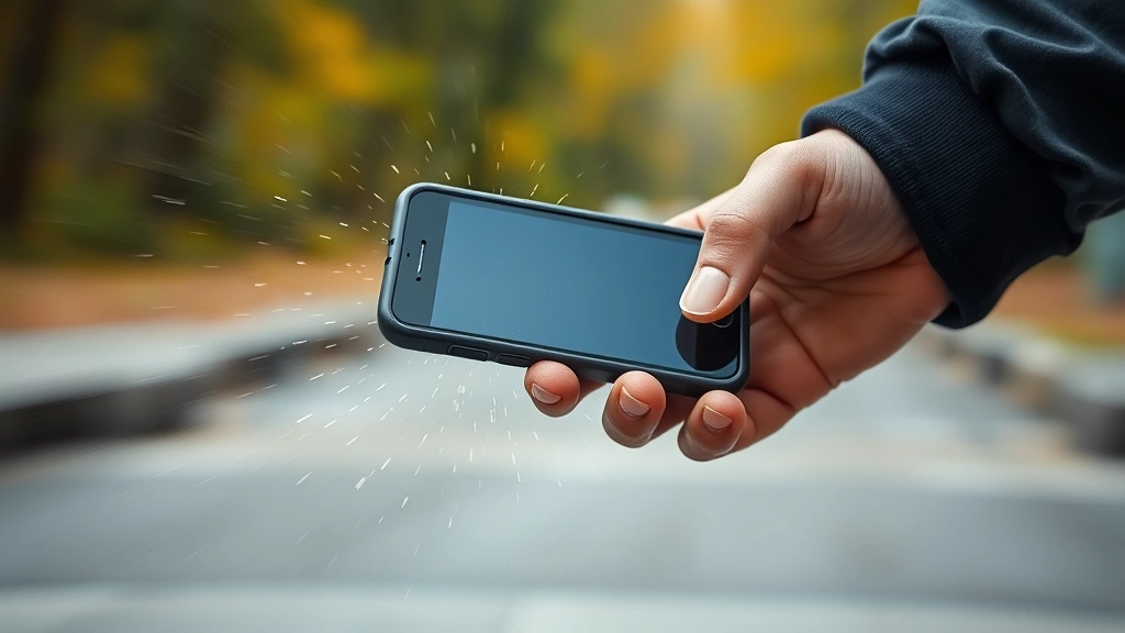 Hands holding smartphone in protective case demonstrating impact absorption during drop test, captured mid-action with motion blur emphasizing protective technology