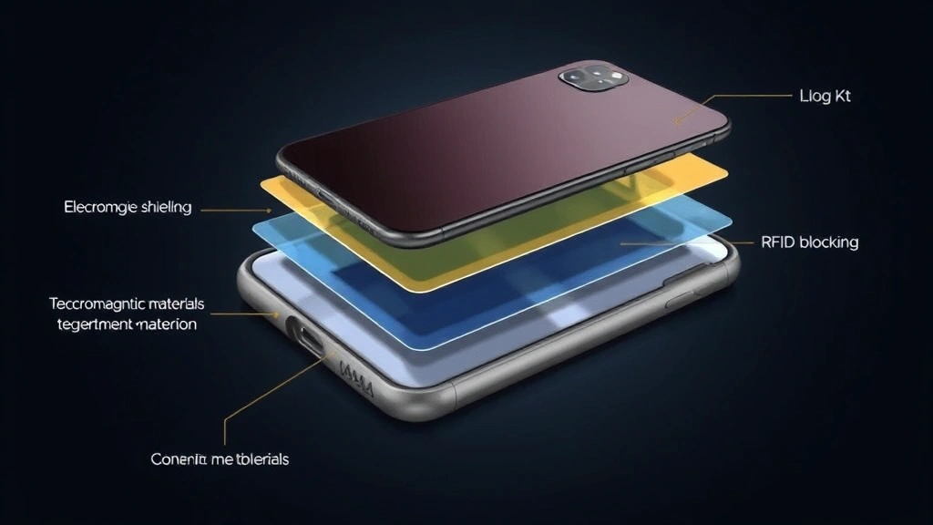 Detailed cross-section illustration showing phone case internal structure with electromagnetic shielding layers, RFID blocking materials, and thermal coating components in different colors