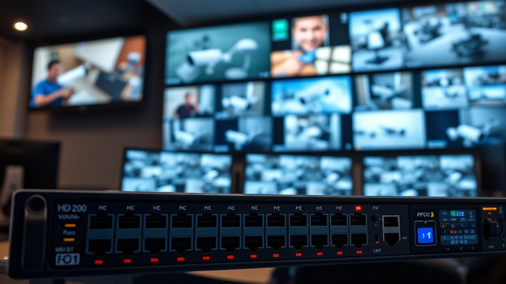 Modern surveillance control room with multiple HD monitors displaying live video feeds from POE cameras, network switch with illuminated POE ports in foreground, professional security operations center environment