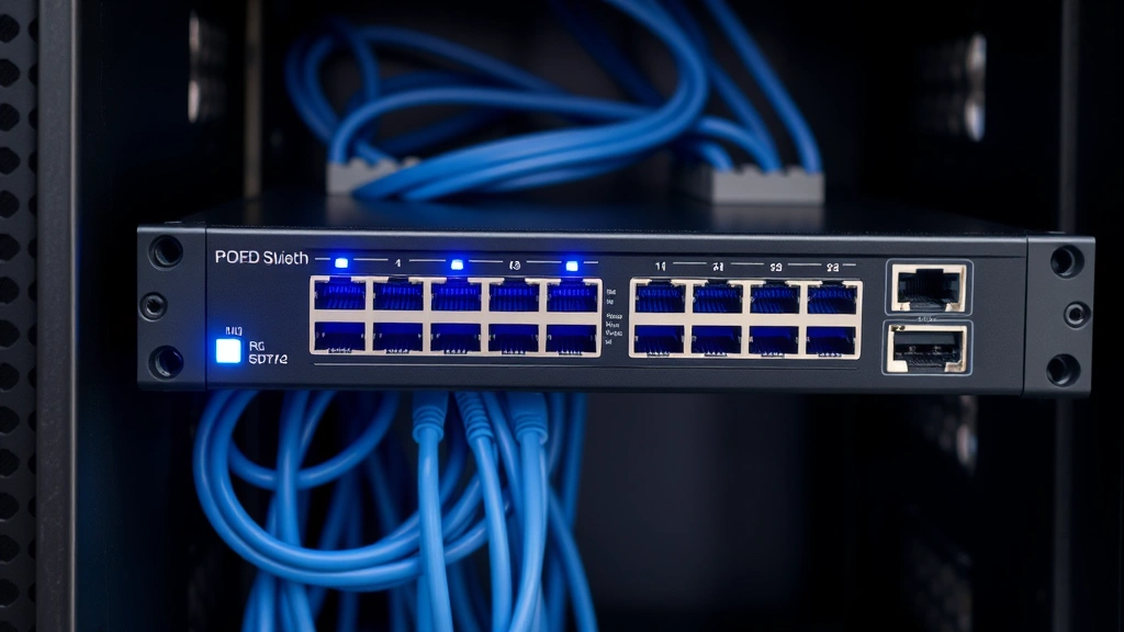 Industrial-grade POE network switch with blue indicator lights showing active ports, ethernet cables organized in server rack, cooling vents visible, professional data center infrastructure setup