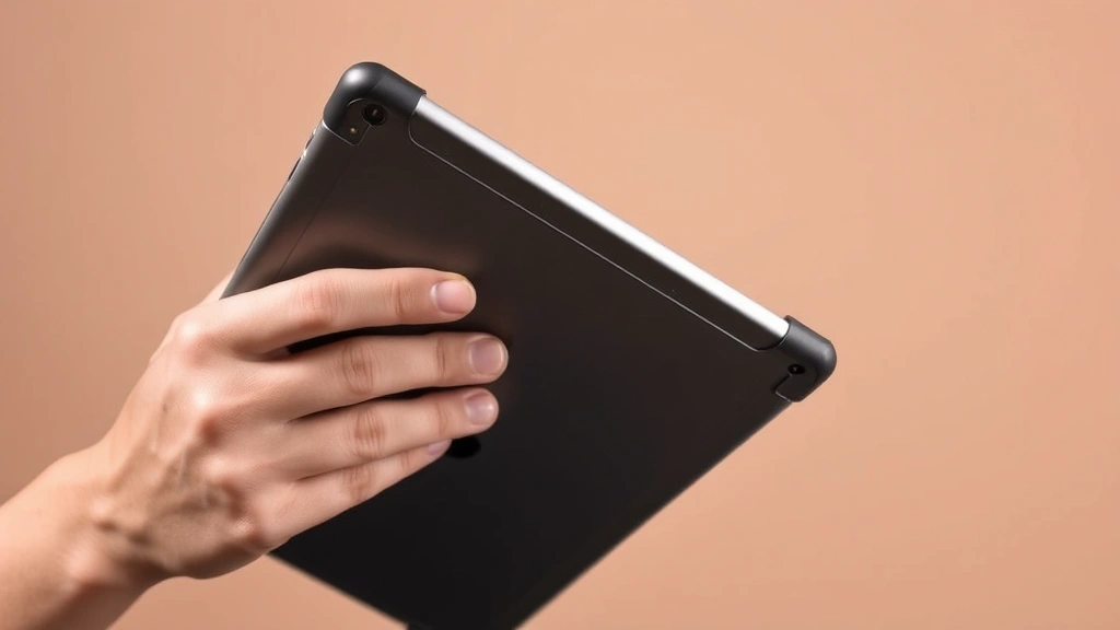 Close-up professional photograph of hands holding a premium iPad protective case with reinforced corners, demonstrating proper device grip technique against a neutral background