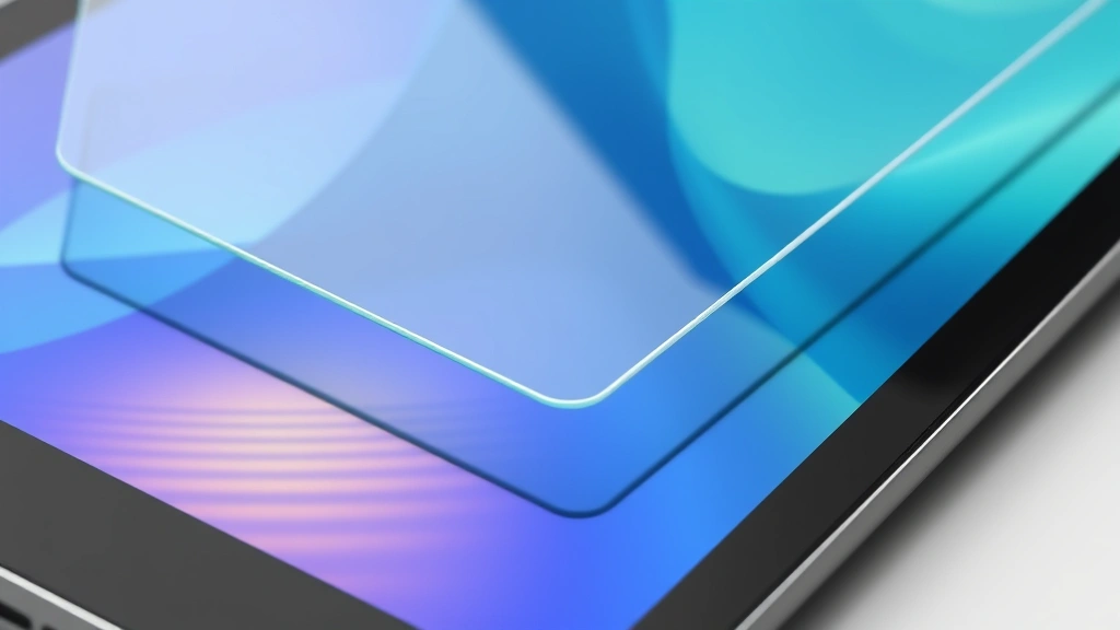 Detailed macro shot of tempered glass screen protector installation showing crystal-clear transparency and anti-fingerprint coating properties on tablet display