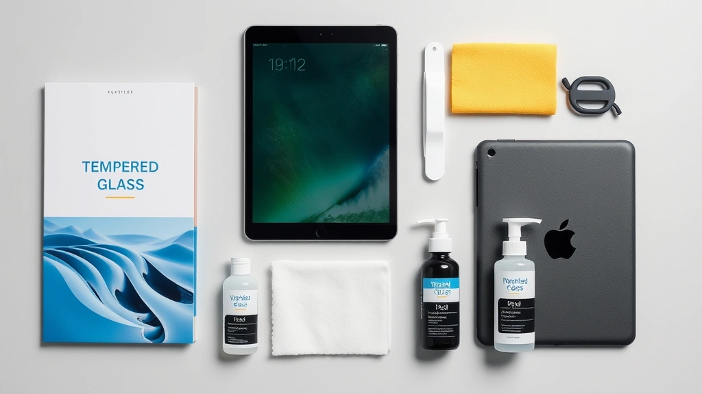 Organized flatlay arrangement of iPad screen protection products including tempered glass, protective case, microfiber cleaning cloth, and cleaning solution bottles on minimalist background
