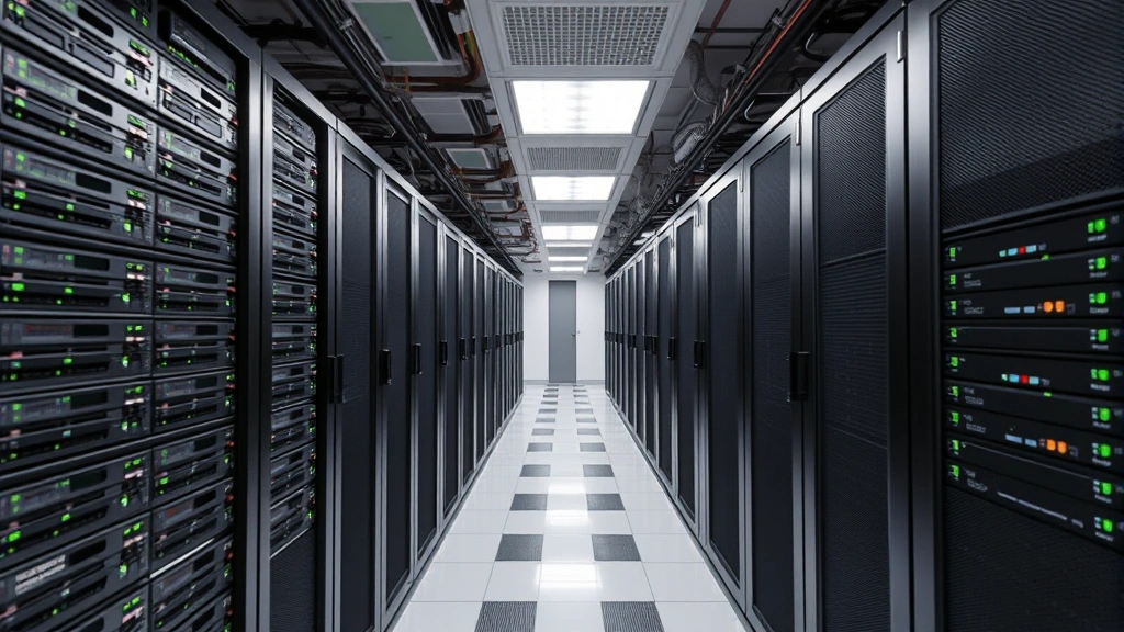 Server room with rows of secure hardware systems, cooling systems, and network equipment showing redundancy and infrastructure hardening, emphasizing physical security and data protection