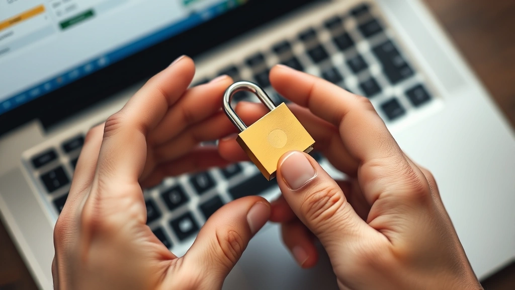 Close-up of hands holding a physical security key over a laptop keyboard, symbolizing multi-factor authentication and hardware-based security protection