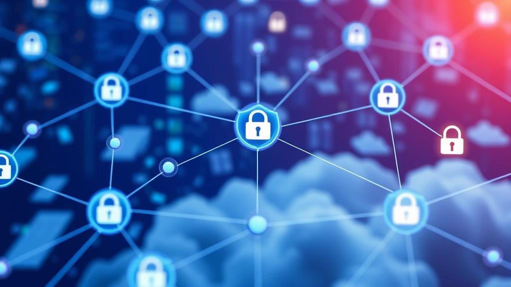 Network visualization showing interconnected nodes with security shields and padlock symbols protecting digital data flow across servers and cloud infrastructure