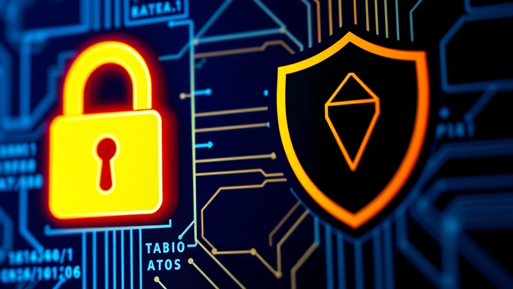 Close-up of digital security concept showing glowing padlock icon, encrypted data visualization, and shield symbol protecting network infrastructure in dark blue background