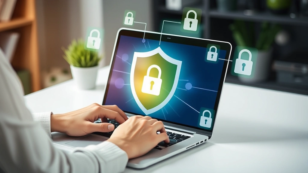 Person using laptop with protective shield icon and lock symbols floating around screen, representing internet security software protection against cyber threats in home office setting