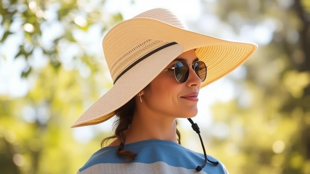 Person wearing wide-brimmed sun hat outdoors in bright sunlight, demonstrating proper scalp protection with UPF-rated hat, natural outdoor setting