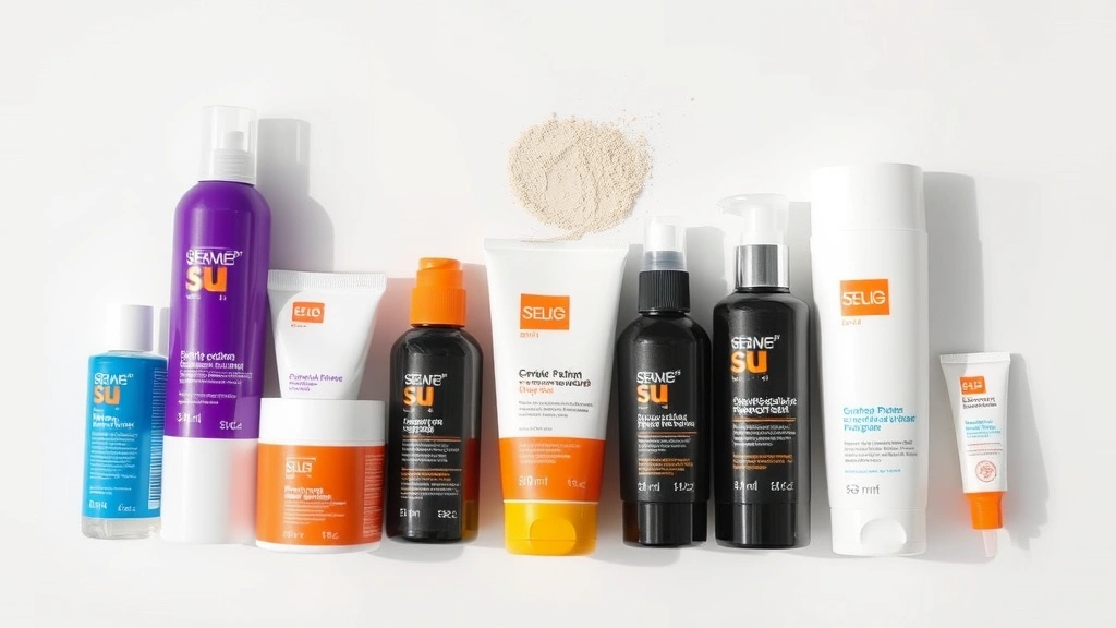 Various sunscreen products specifically formulated for scalp and hair care arranged on white surface, including spray, powder, and specialized formulations