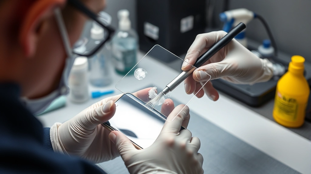 Expert technician demonstrating screen protector application on modern iPhone, showing bubble-removal technique with squeegee tool, dust-free environment setup with cleaning supplies visible