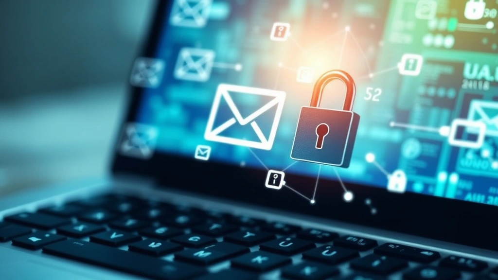 Close-up of digital padlock and encryption key symbols floating above a laptop keyboard, representing email security and data protection technology in abstract blue and green tones