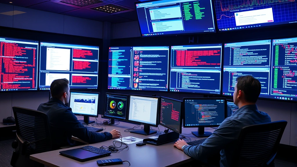 Team of security professionals in a modern NOC environment monitoring email threats on large wall displays, showing real-time threat detection and network security operations